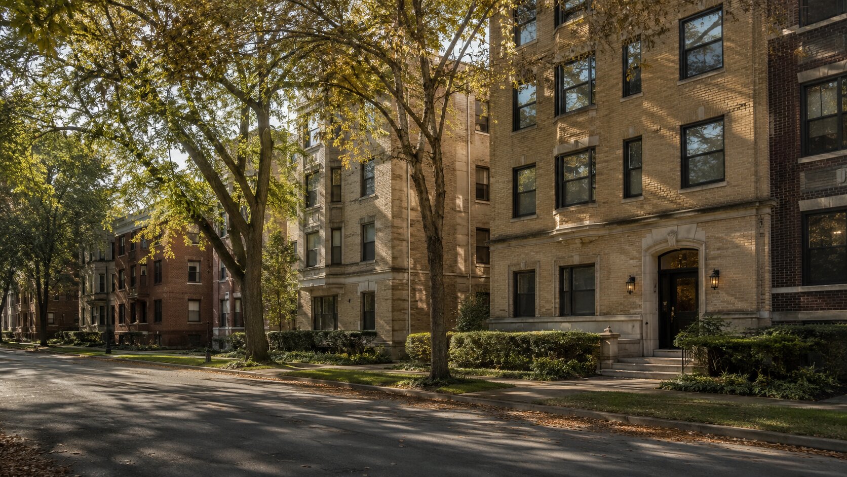 Established residential streetscape with mature trees and brick apartment buildings